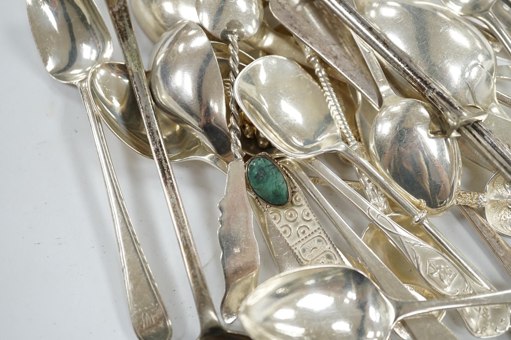 A group of assorted Georgian and later silver and 925 teaspoons etc, 12oz and five plated items. Condition - poor to fair